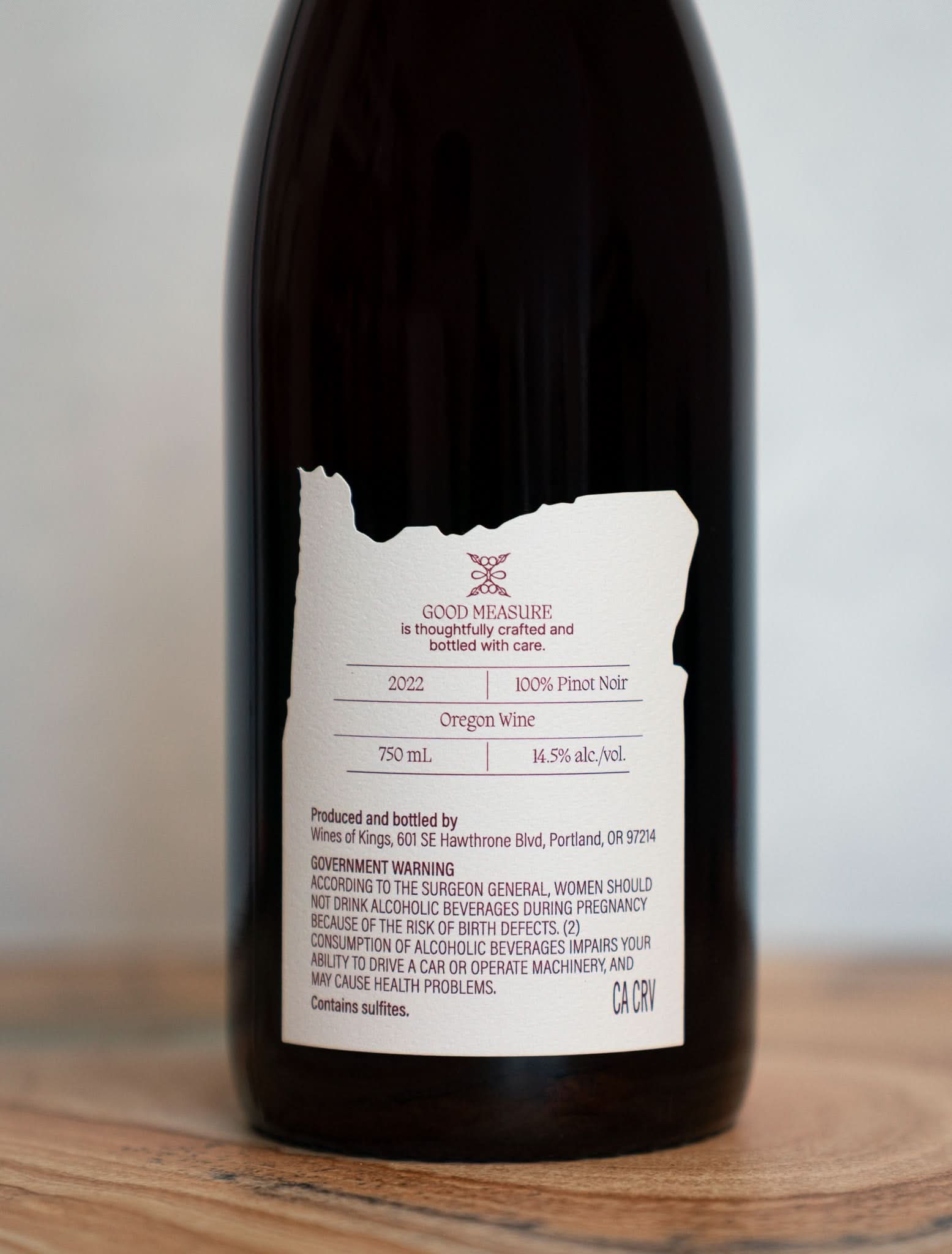 Back Label of Good Measure 2022 Oregon Pinot Noir